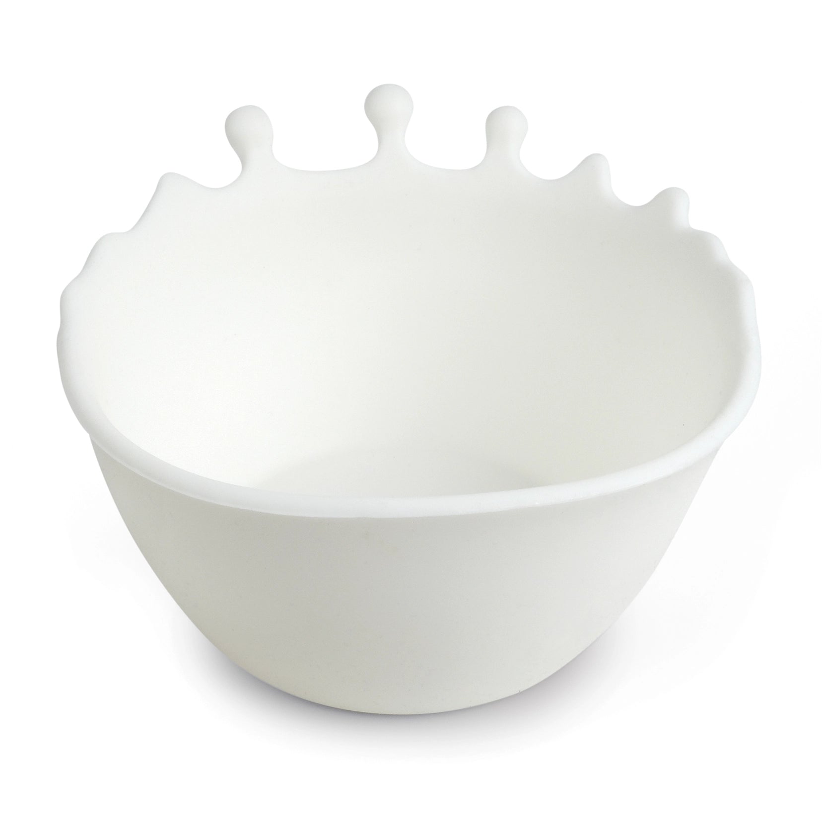 En frokostbolle i silikon. Designet ser ut som at det søles melk opp etter kanten.