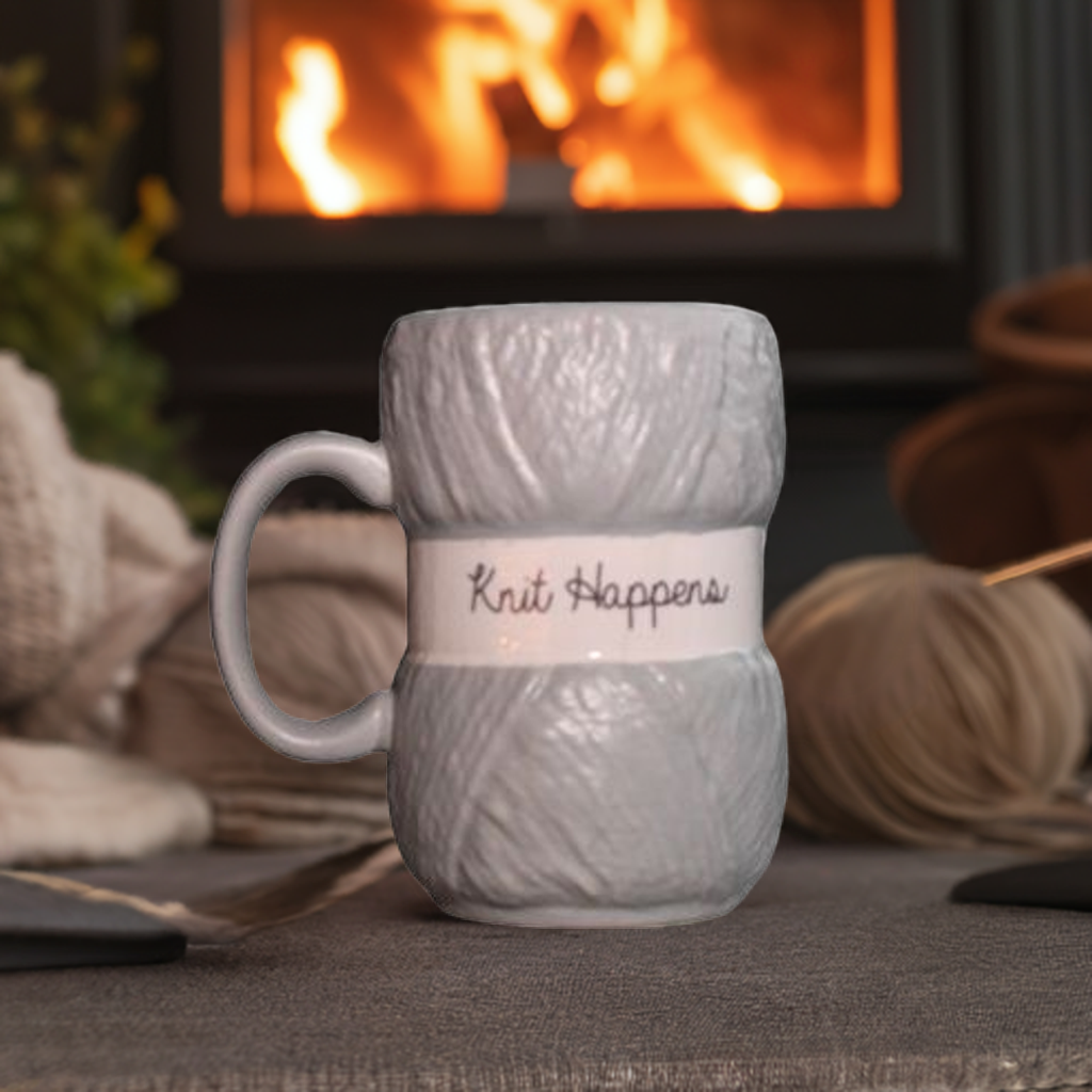 Strikkekopp med morsom tekst "knit happens". Ser ut som et garn-nøste. Strikkesaker rundt koppen.