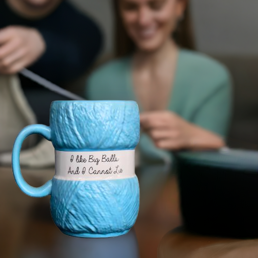 Strikke krus med tekst "I like big balls and I cannot lie