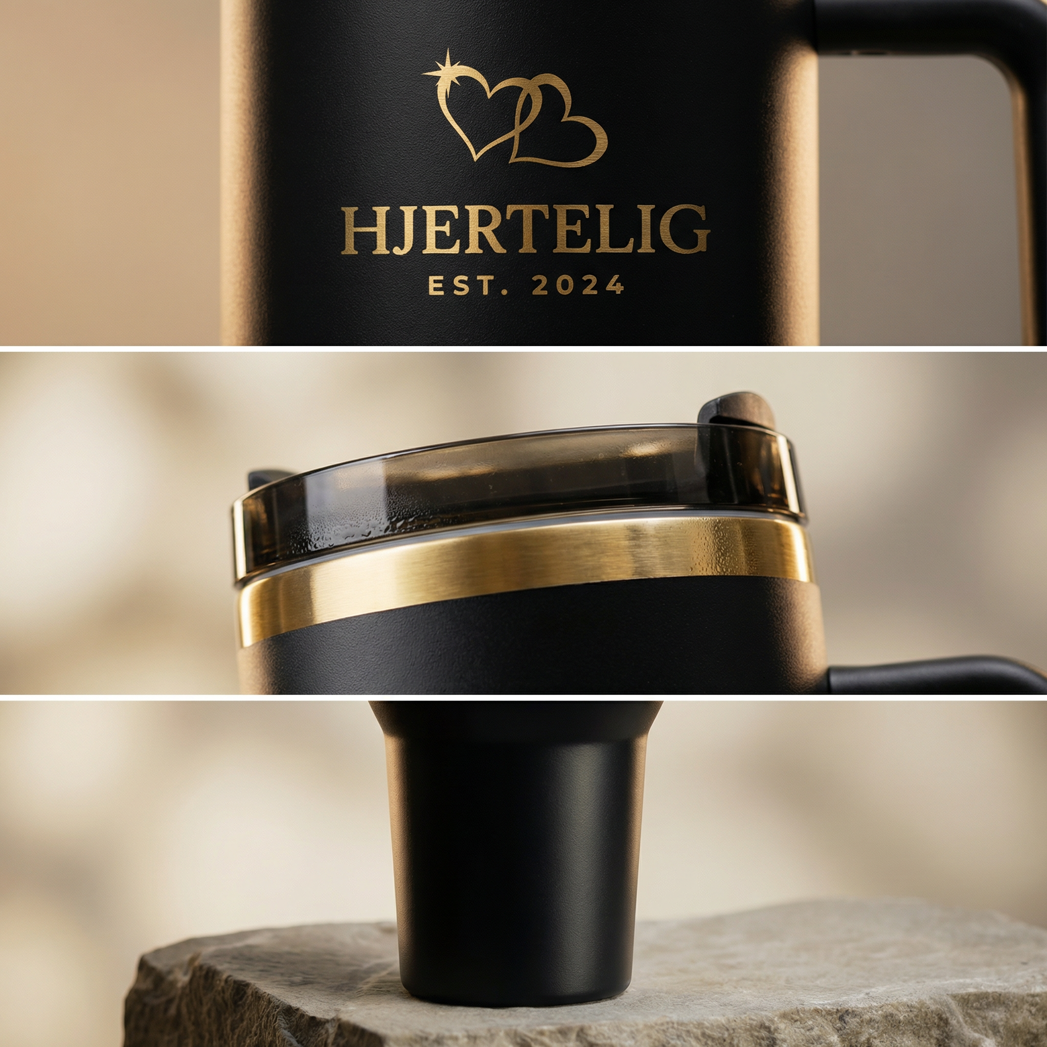 Drikkeflaske som holder favoritt drikken din bårde kald og varm over lenger tid. Denne termokoppen har gull kant og gull logo noe som gjør at den skiller seg ut fra andre termokopper med sine nydelige detaljer. På bilde kan man se nærbilde av tumbleren fra flere vinkler.