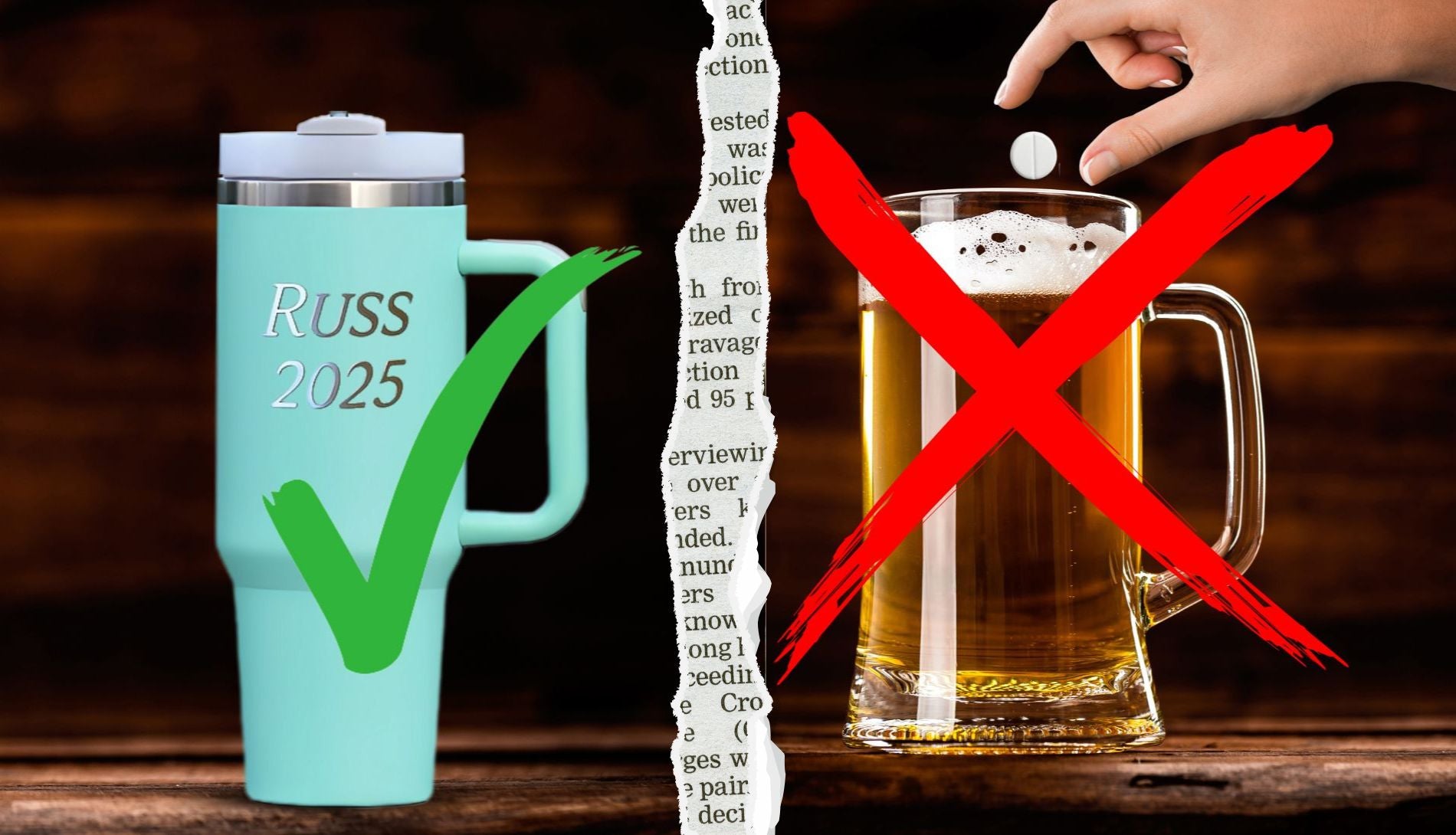 Viser fordelen ved å bruke en termokopp til å ha drikken sin, slik at man ikke blir utsatt for at noen putter piller i drikken. Viser en turkis termokopp med en grønn hake, og et ølglass der noen putter en pille i drikken med en stor rød X. Termokoppen er lasergravert med RUSS 2025 og er årets russemerch fra Hjertelig.no