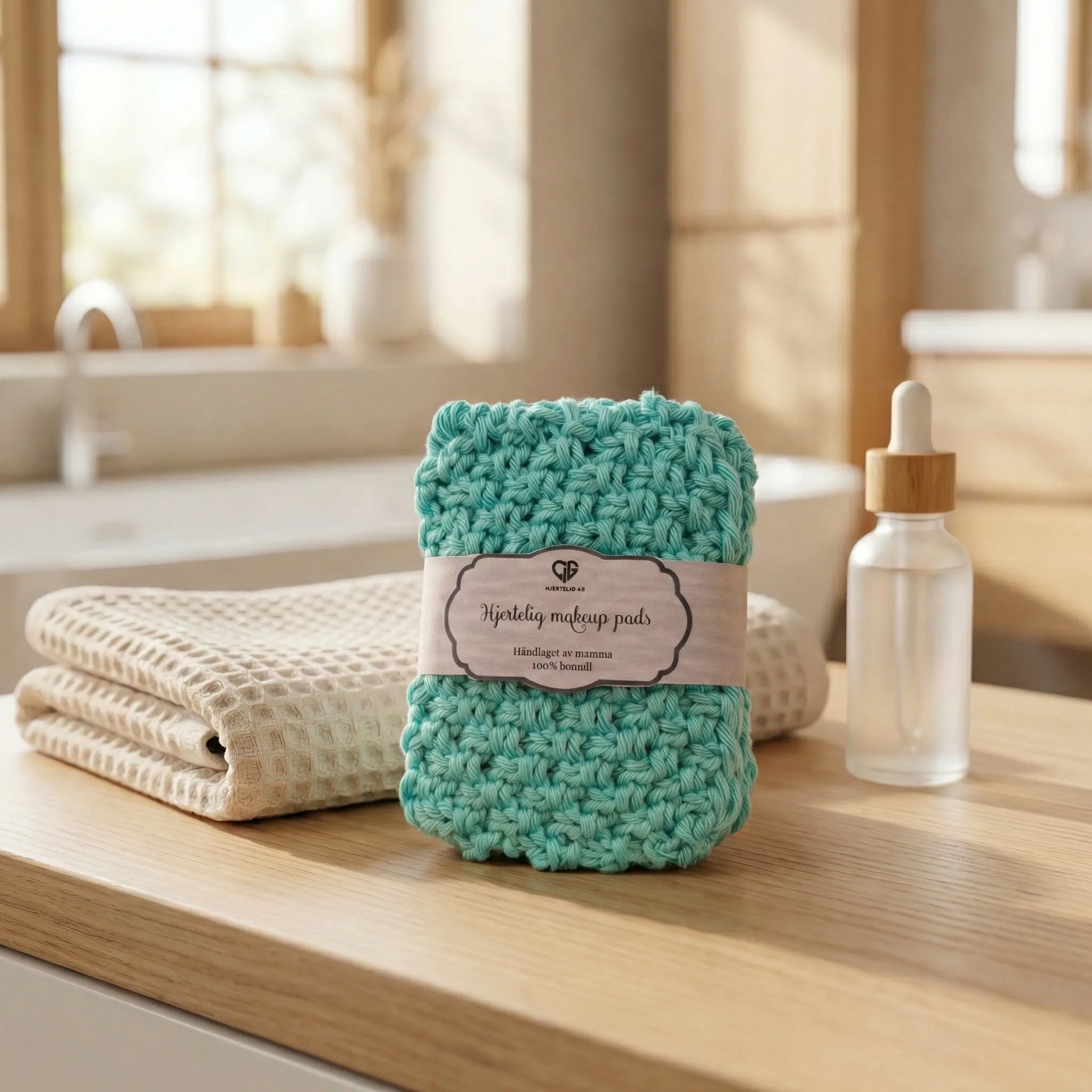 Pads til å fjerne sminke. Makeup pads fra Hjertelig. Håndlaget av mamma. Strikket i 100 prosent bomull for sensitiv hud. Gjennbruk bar. Vaskes på 60 grader i vaskemaskinen. Hver pakke inneholder 4stk kluter.