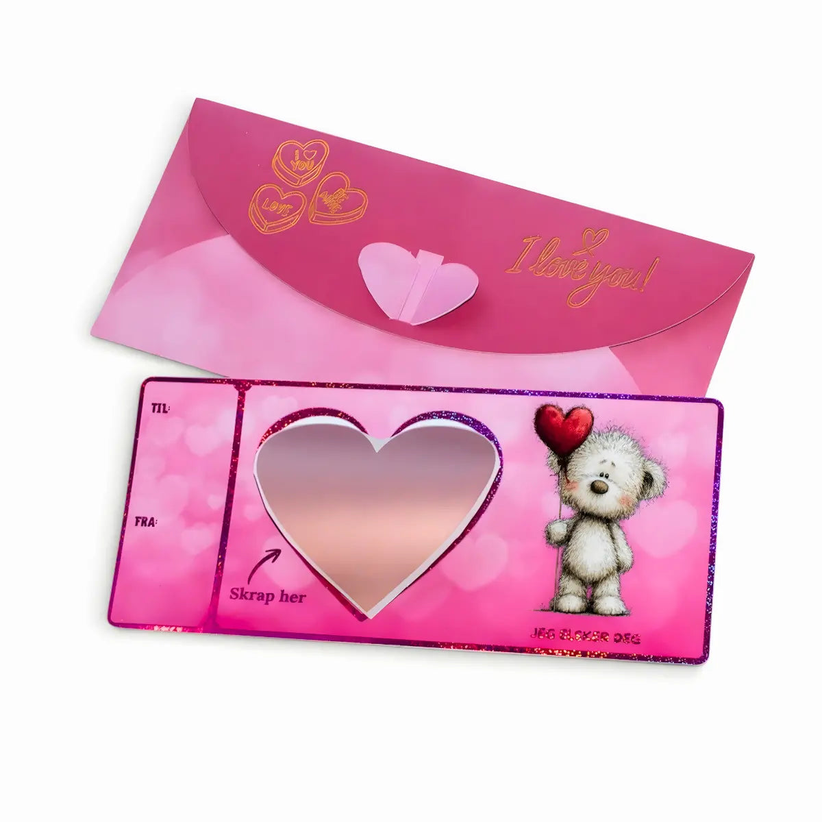 Valentineskort med konfirlutt i rosa farge. Dette kortet gjør opplevelsen med gaven ekstra spennende. Her skal man skrive hva man ønsker å gi bort i gave. Kanskje det er en opplevelse, en bedre middag, kino, bowling eller hva det enn måtte være. Skriv teksten inni det hvite hjertet, klistre så hjerte klistremerke over teksten og la den heldige skrape fram overraskelsen. Et kort som gjør hele opplevelsen ekstra minneverdig.