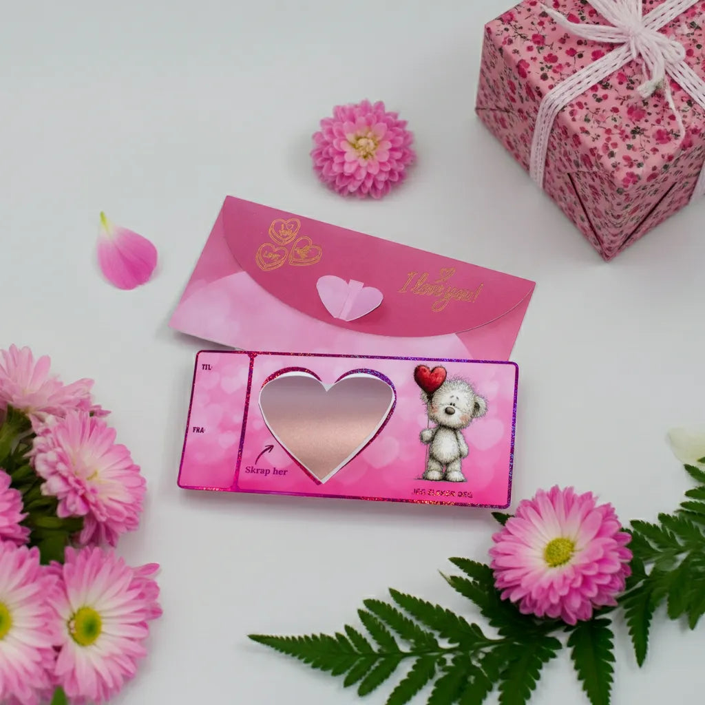 Et kort som gjør hele opplevelsen til noe man vil huske. En helt spesiell måte å gi bort en helt spesiell gave på. Skrap fram overraskelsen som om det skulle være et flakslodd, for å finne ut hva som ligger skrevet under. Kanskje en opplevelse, et gavekort eller bare noen rørende ord fra en som er glad i deg. Her er alt mulig! Kortet er håndlaget i Norge og kommer med en matchende konfirlutt.