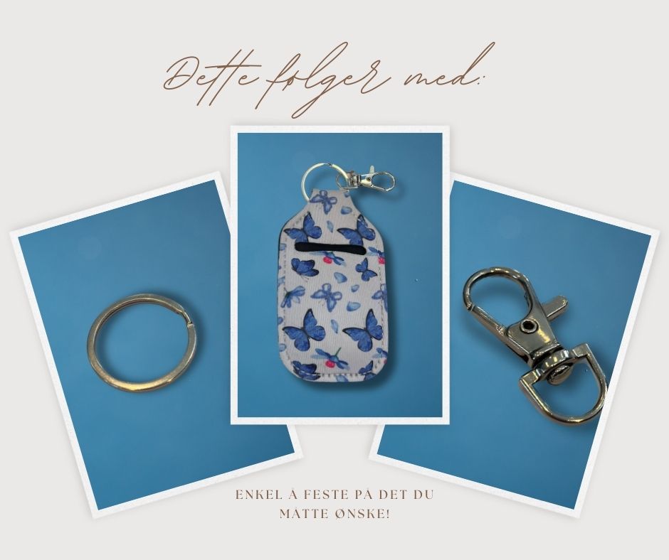 Tre små bilder som viser hva som følger med nøkkelringen. En veske til ørepropper, en ring og en karabinkrok.