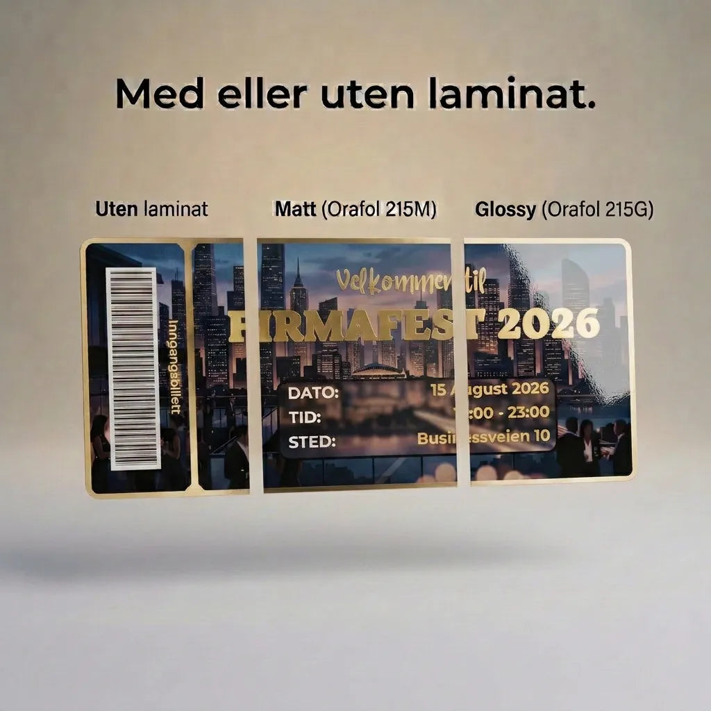 Invitasjon til firmafest som viser hvordan kortet ser ut med og uten laminering. Laminering gir kortet en ekstra elegant stil, samt at det beskytter kortet mot riper og andre skader. Lamineringen tåler UV stråler og utendørs bruk opp til 5 år. Kortene håndlages i Norge