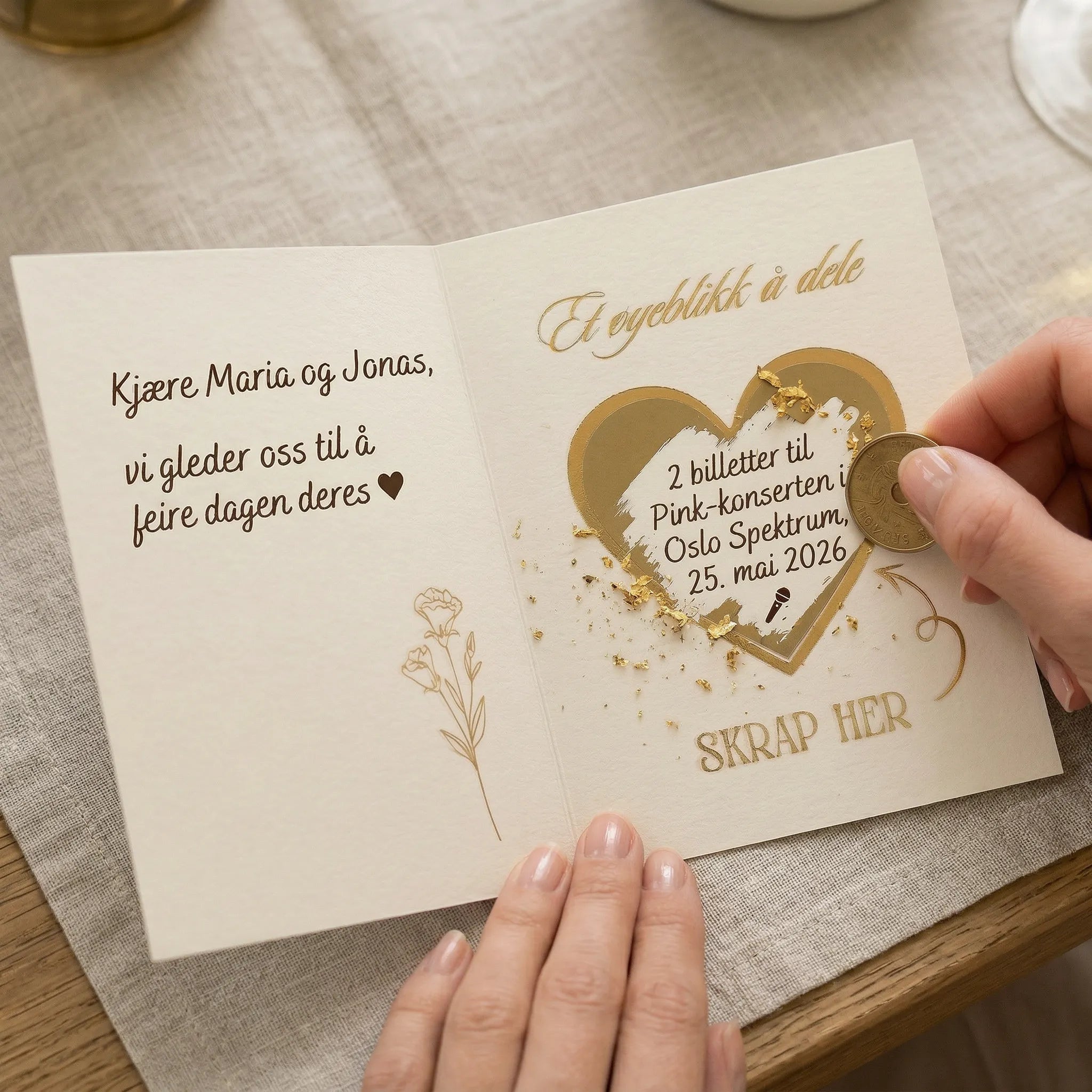 Personlig bryllupskort og bryllupsgave. Skriv inn din hilsen og gaven du vil gi. Fest over skrapelappen og la brudeparet skrape frem overraskelsen. Et ekslusivt og personlig bryllupsgave som brudeparet vil huske.
