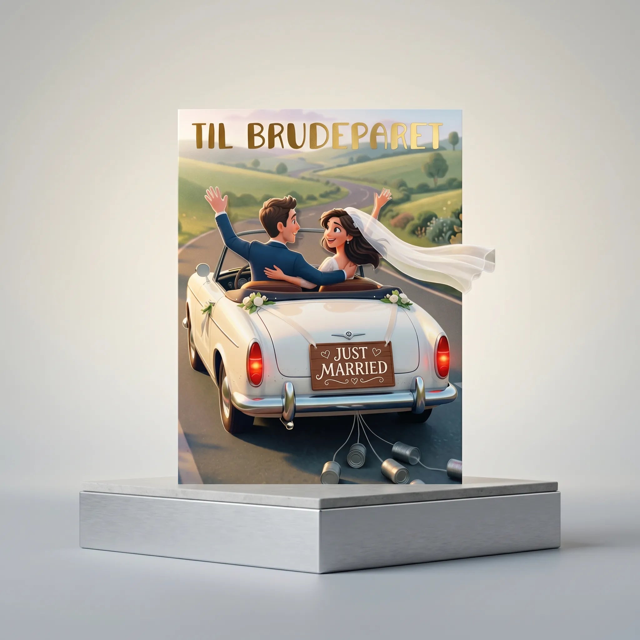 Håndlaget bryllupskort til brudeparet med skjult pengelomme i bilen. Bilen med Just married skilt.