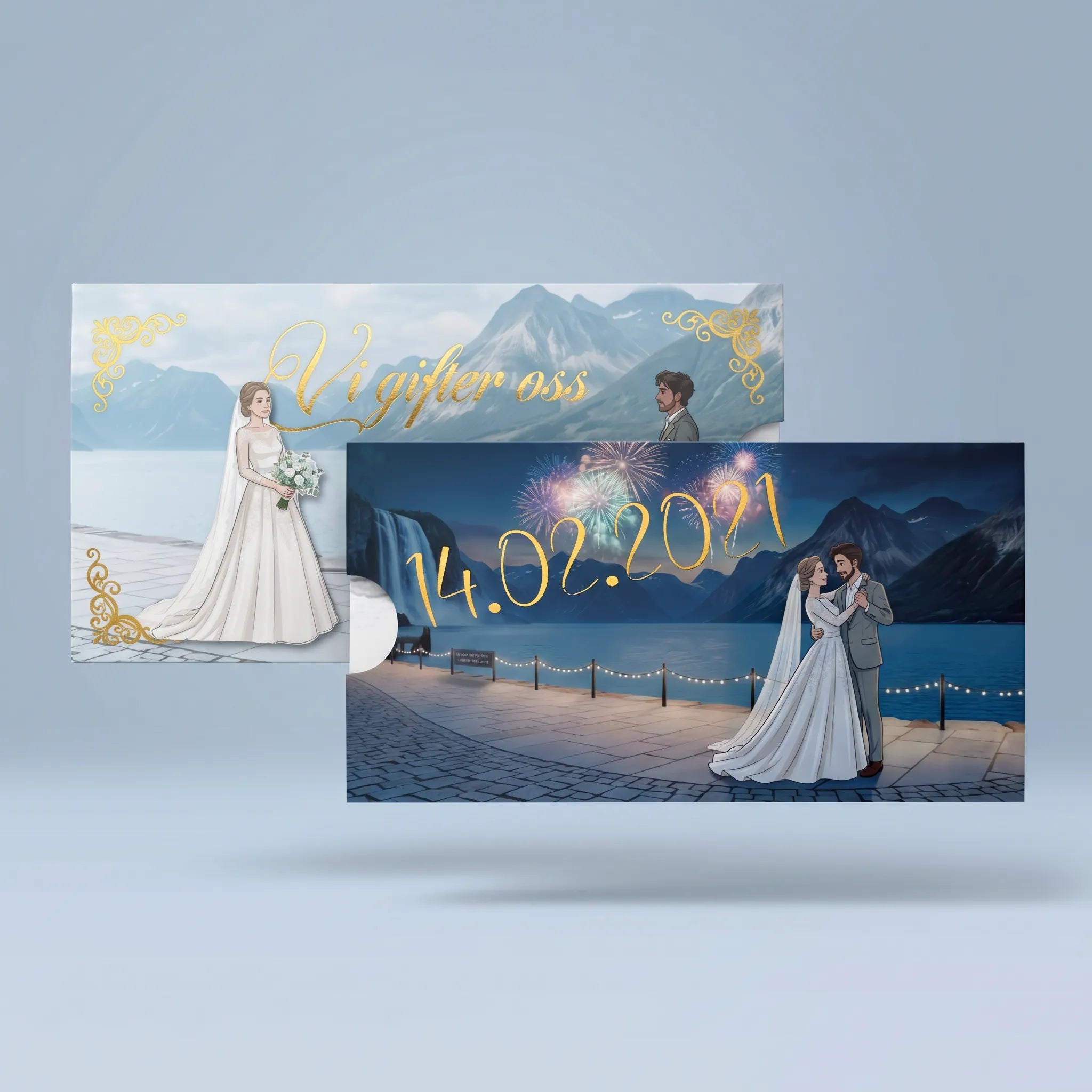 Bryllupsinvitasjon forside og bakside. Baksiden viser datoen til bryllupet, og forsiden viser at vi skal gifte oss. Et interaktivt kort. Meget elegante og eksklusive kort som håndlages i Norge av Hjertelig AS.