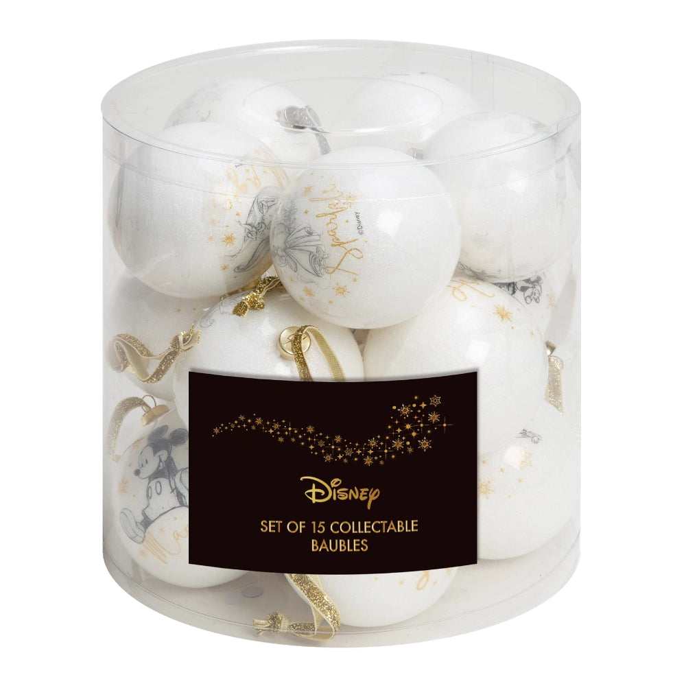 En pakke med 15 Disney julekuler. Alle julekulene er hvite med tegnet illustrasjonsbilder av våre favoritt karakterer fra Disney. Fyll juletreet med nydelige disney julekuler med gullfarget henge bånd.