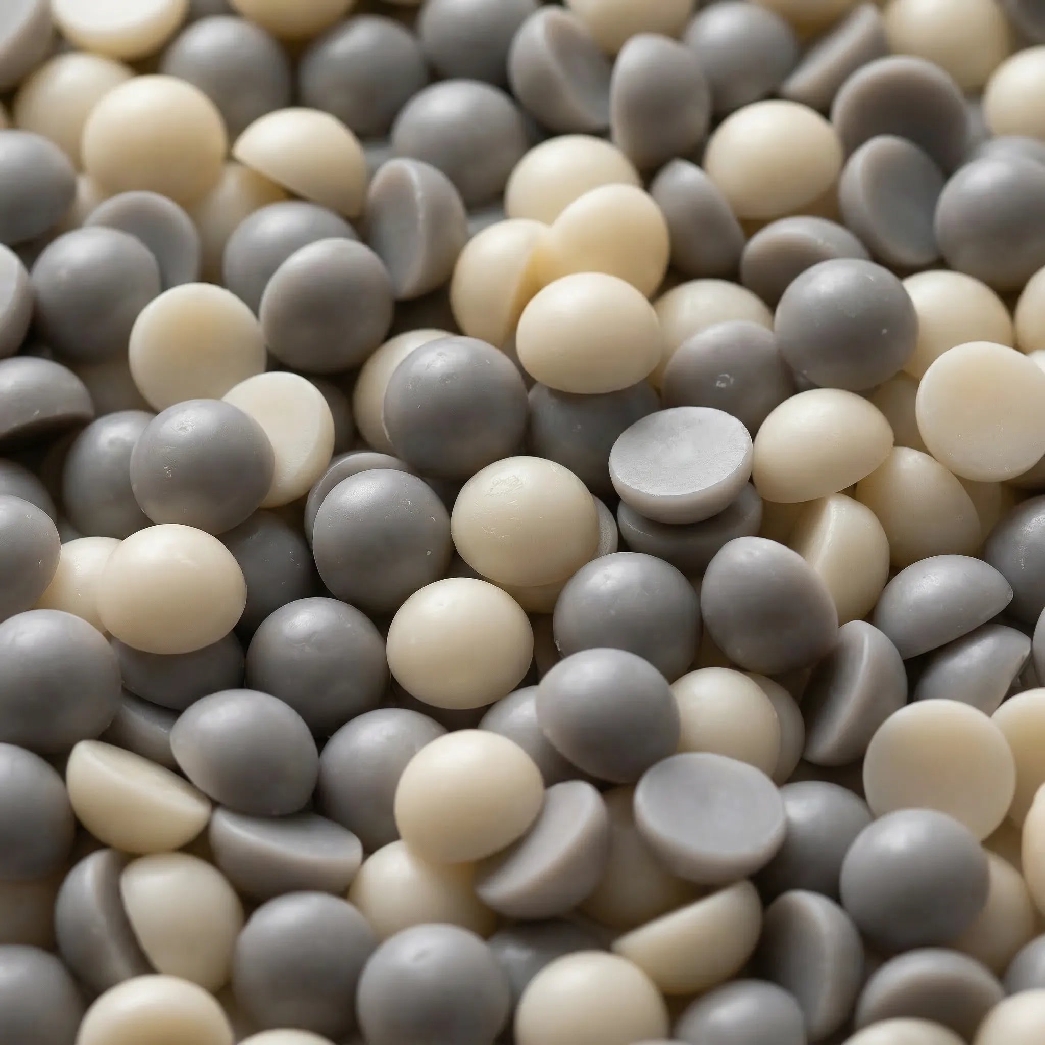 Et nærbilde av duftvoks i grå og lys beige farge. En duft av kandispinner som skal virke lindrende mot sårbarhet. Laget av bivoks og soyavoks i Norge.