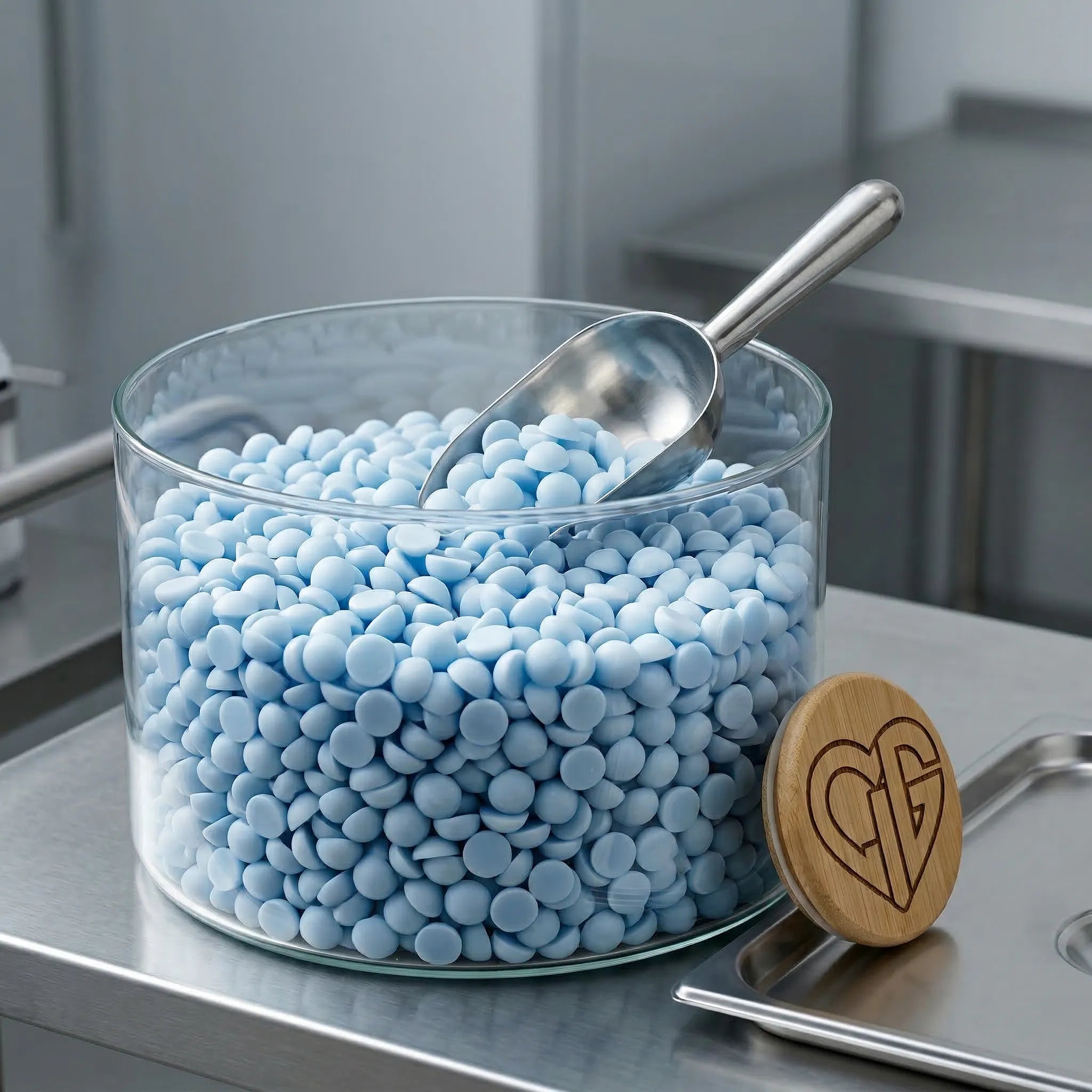 En stor beholder med mange små håndlagde duftvokskuler. Duften kalles Tung himmel og lukter som det gjør etter en dag etter et kraftig regnskyll. Voksen er laget av soyavoks og bivoks. Ved siden av voksen står lokket til glassene voksen kommer i, med logoen til Hjertelig AS.