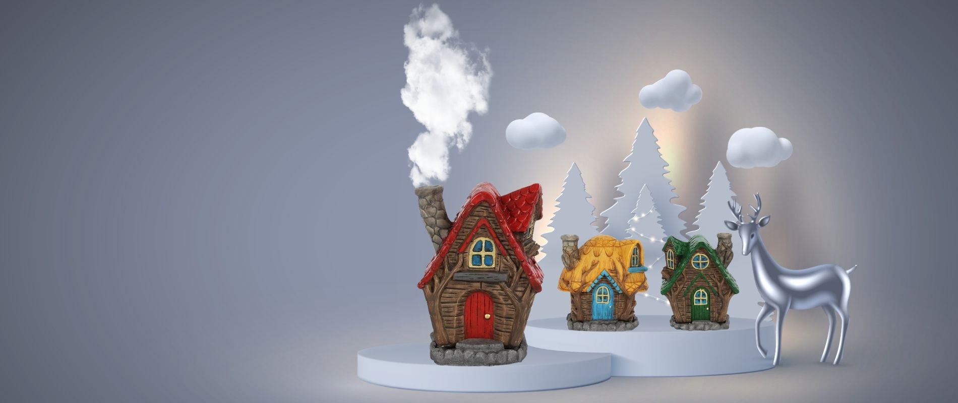 Fairy homes. Tre røkelseshus i tre ulike design. Rødt tak, grønt tak og gult tak.