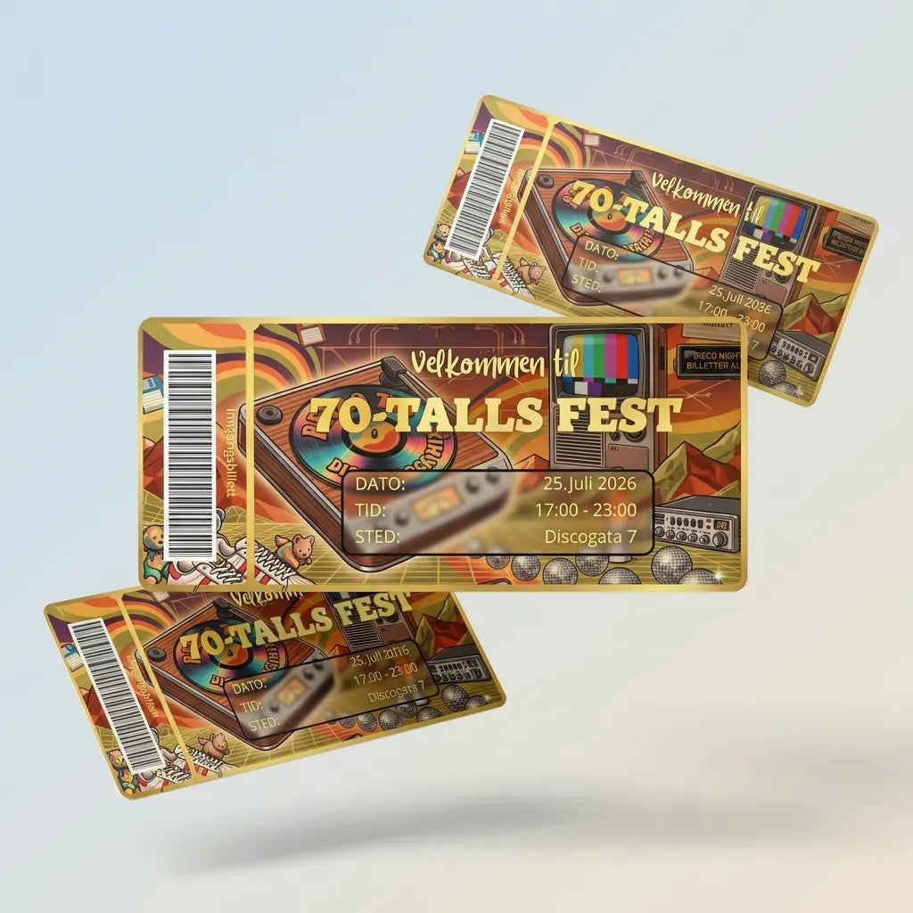 Velkommen til 70-talls fest invitasjoner. Designet som en inngangsbillett med strekkode. Velg din dato, tid og sted, og eventuell annen tekst du ønsker trykket på kortene. Velg mellom flere flotte farger foliering. Innbydelsene kan også lamineres i matt eller glossy. Håndlages i Norge av Hjertelig AS