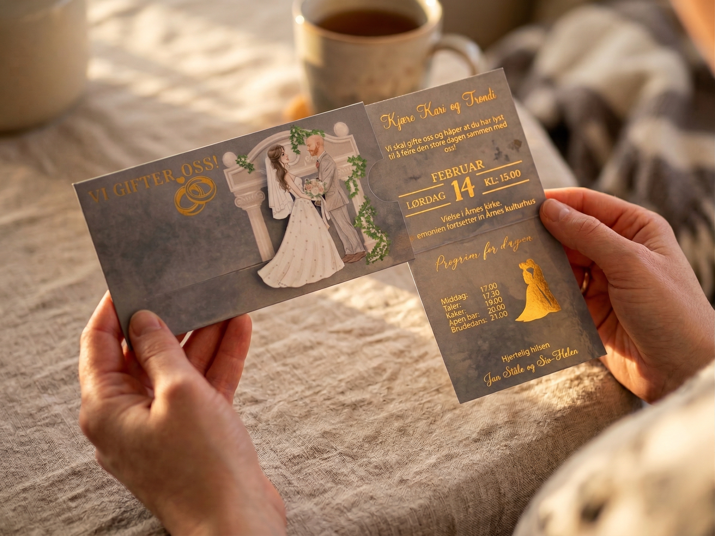 Bryllupsinvitasjon - dra i pilen og se bruden gå til brudgommen