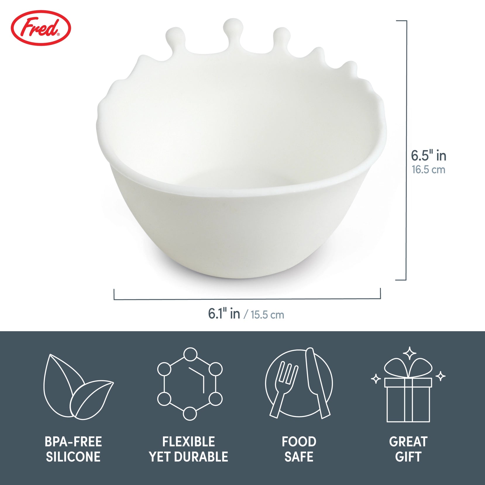 Viser produktinfo om denne frokostbollen i sliikon. BPA fri bolle med et kult design av melk som sputer opp mot kanten av bollen.