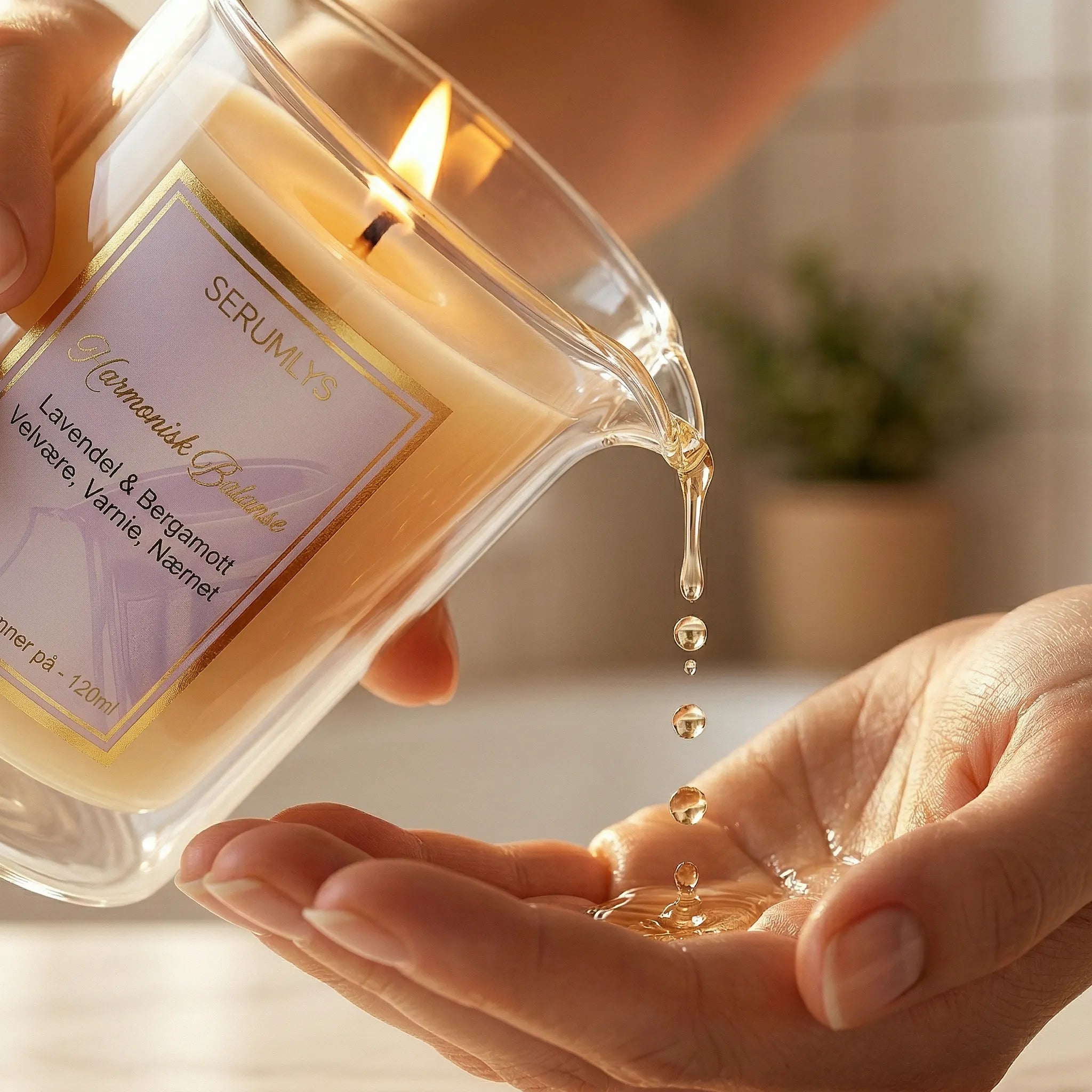 Et lys med pleiende planteoljer som helles i hånden. Dråper av et body serum for hele kroppen. Kroppsserumet helles direkte fra glassets helletut. Lyset er laget av syv planteoljer, bivoks, e vitamin og eterisk duftolje. Trygg i bruk for hele kroppen. Helt naturlige ingredienser uten noen form for snarveier.