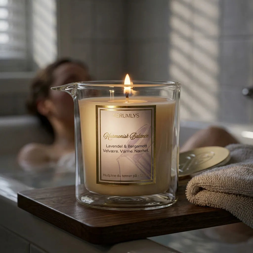 Harmonisk balanse serumlys ved et badekar. Et naturlig hudpleieprodukt som oppfordrer til å ta vare på egen kropp og gi seg selv en stund med ro og velvære. En spaopplevelse for hele kroppen. Etter et bad eller en dusj så heller man smeltet olje på kroppen. Lyset er laget av naturlige planteoljer som gir huden luksuriøs og god pleie. Serumet helles direkte fra glassets helletut og kan brukes på hele kroppen.