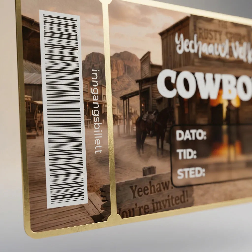 Innbydelseskort til cowboy fest. Designet som en inngangsbillett med strekkode. Kortet har folierte kanter og tekst. Skriv inn din ønsket tekst og dato, tid og sted. Velg mellom flere flotte farger på foliering. Kortet er håndlaget i Norge. Bilde viser nærbilde av strekkoden og teksten inngangsbillett.