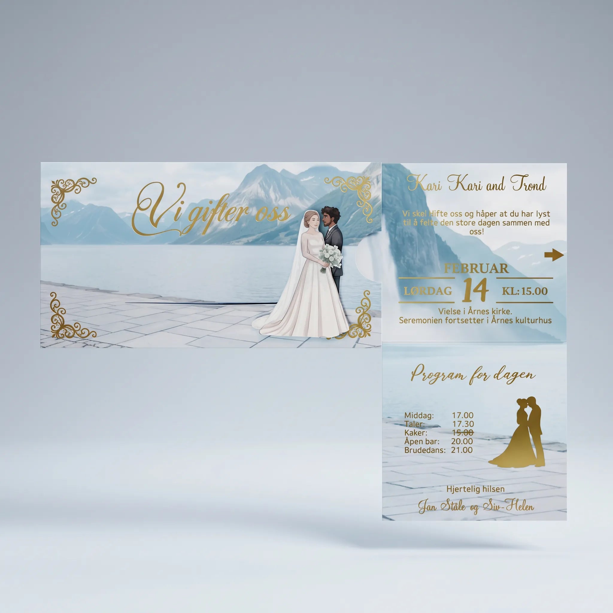 En bryllupsinvitasjon med nydelige detaljer. Et interaktivt kort der bruden går til brudgommen når man drar i pilen. Resten av detaljene om bryllupet kommer frem. Du bestemmer selv teksten du ønsker. Gjestens navn kan gullfolieres på toppen, og kortene kan lamineres i matt eller gloss. Alle kort er håndlaget i Norge av Hjertelig AS.