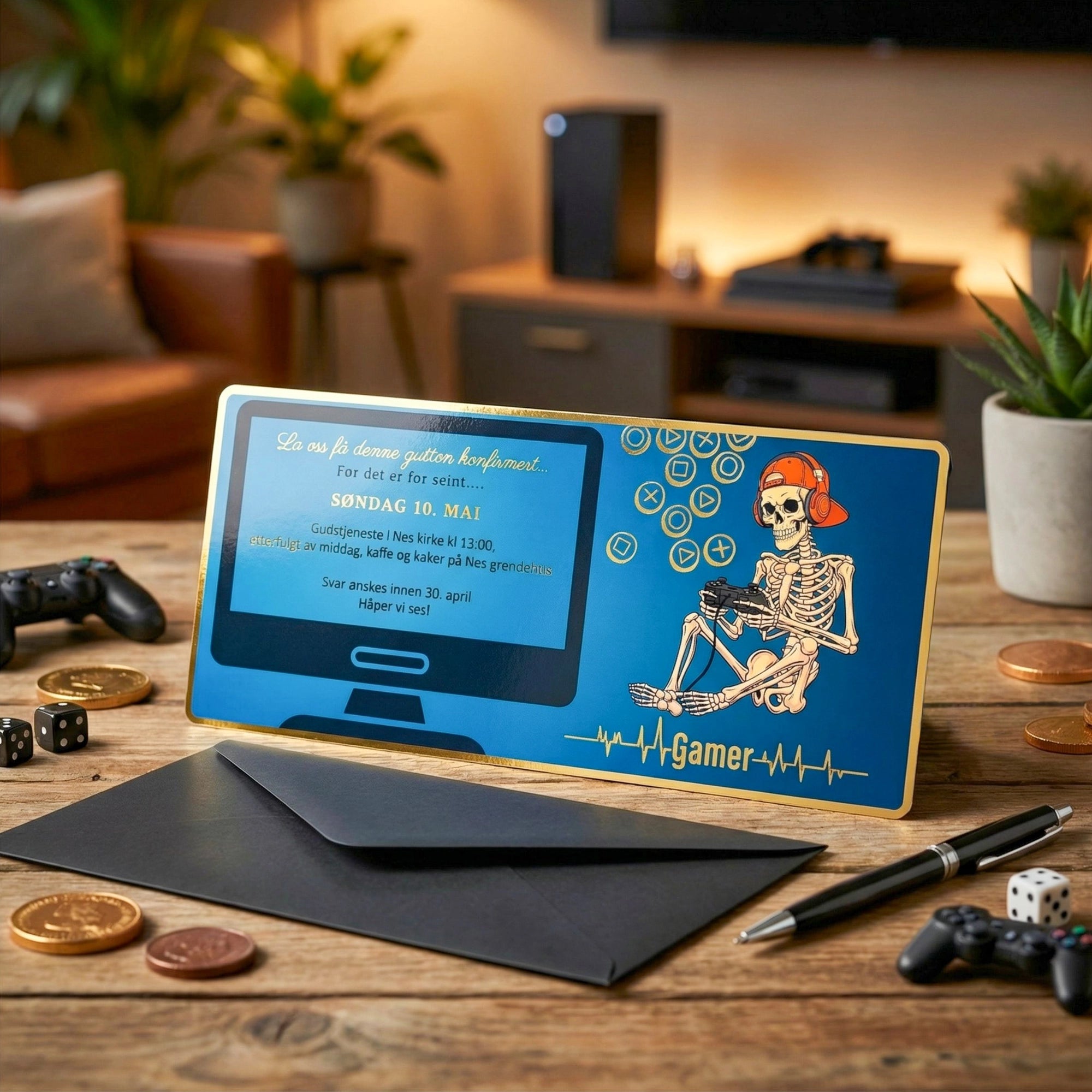 Konfirmasjonsinnbydelse som skiller seg ut. Her er det humor. Dette kortet er perfekt om du har en gamer i hus som ikke ønsker innvitasjons kort til konfirmasjonen med personlig bilde på. Dette konfirmasjonskortet har bilde av en som definitivt har spilt litt for mye og har blitt til et sjelett. Perfekt kort til gameren med humor.