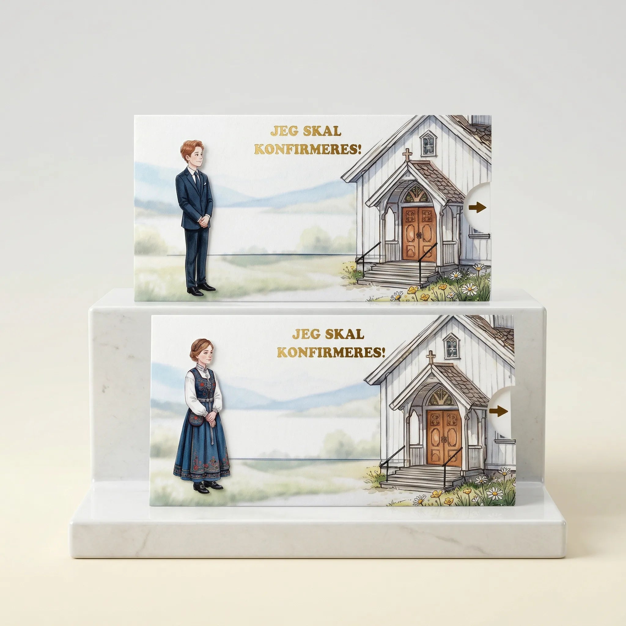 Invitasjoner til konfirmasjon i gutt og jente variant. Et interaktivt kort der detaljene om konfirmasjonen vises når man drar i pilen. Samtidig vil jenta og gutten gå til kirken når kortet dras ut. Håndlaget i Norge med nydelig design og gullfoliering