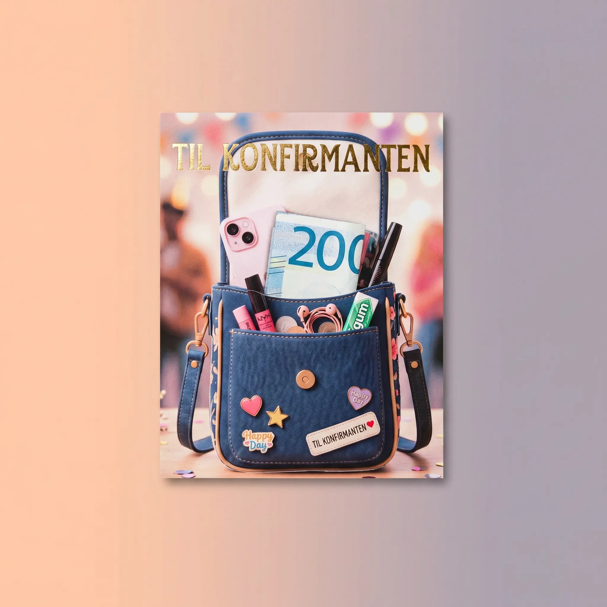 Konfirmasjonskort med pengelomme. En kreativ måte å gi pengegave på. Kortet har en skjult lomme, slik at du kan legge penger rett i vesken på kortet. Til konfirmanten i gullfolie skrift. Vesken er fylt opp med lipstick, mobil og annet smått. Pengene i vesken er faktisk ekte penger du tar ut av kortet.