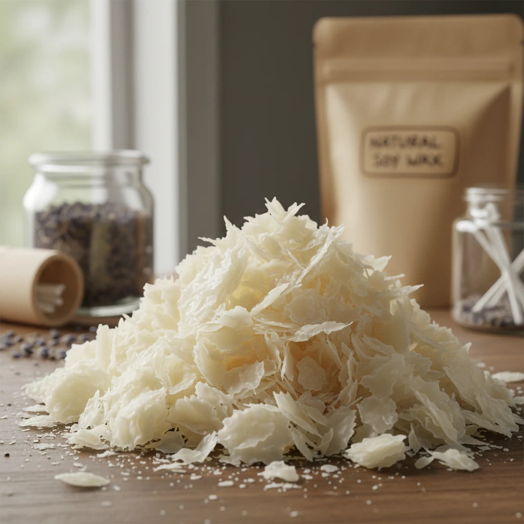 Soyavoks er en naturlig voks som ofte brukes til lysstøping og duftvoks. Soyavoks ligger i en liten haug på et bord