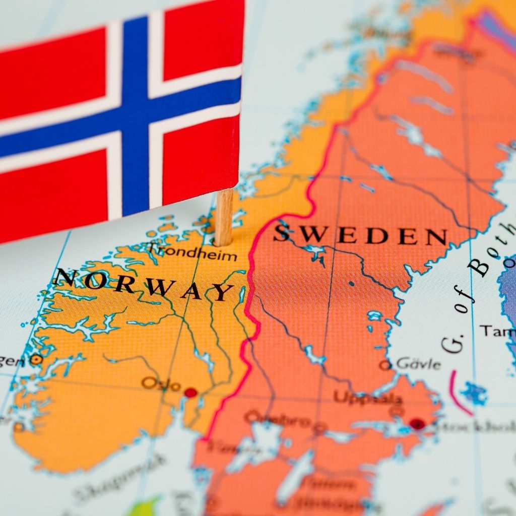 Et kart som viser Norge og Sverige, med et norges flagg plassert ved Trondheim. For å illustrere at våre produkter er utvilket og produsert i Norge.