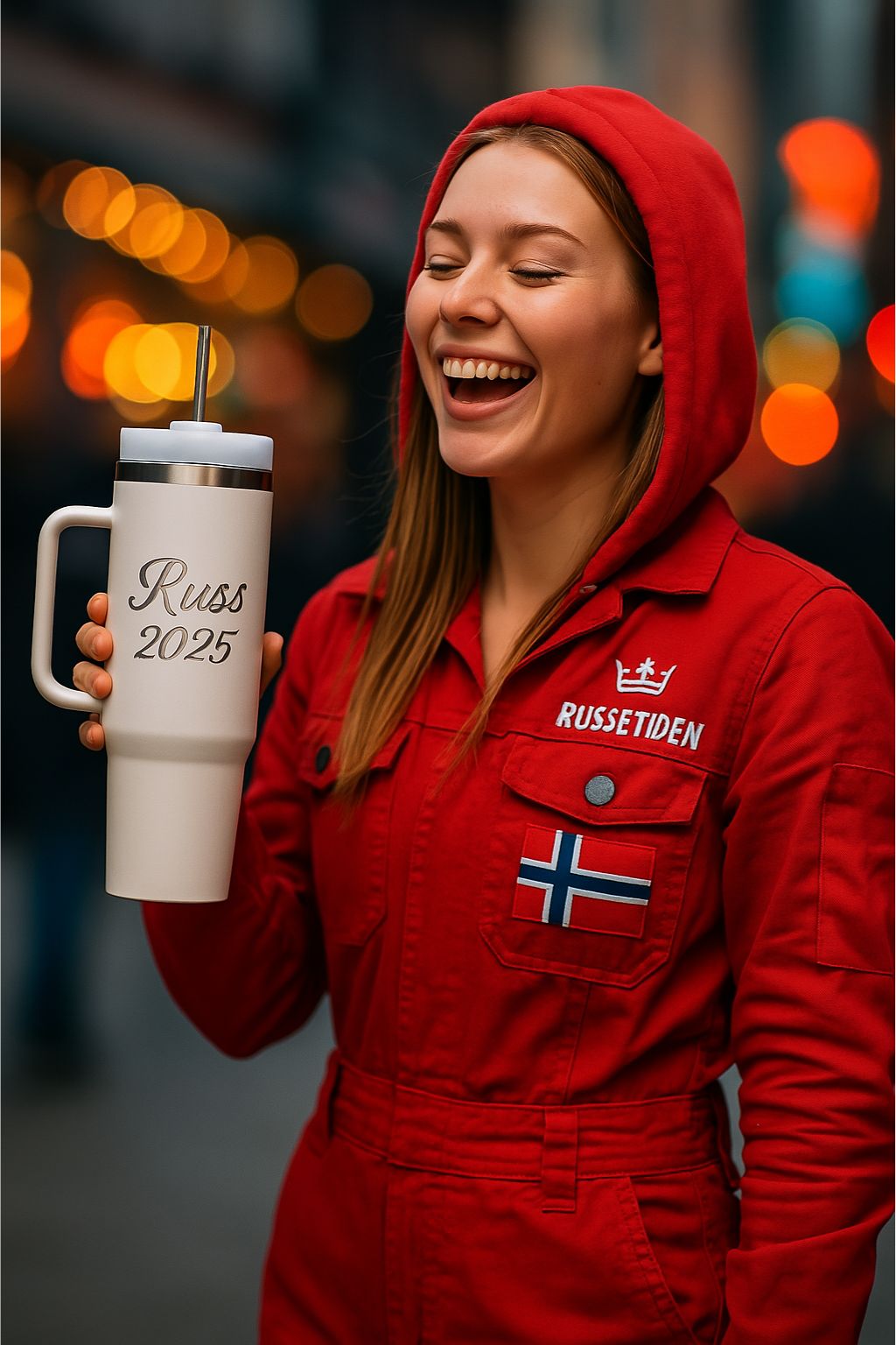 En russejente som smiler og ler mens hun holder årets russemerch fra Hjertelig.no En lasergravert RUSS 2025 termokopp.