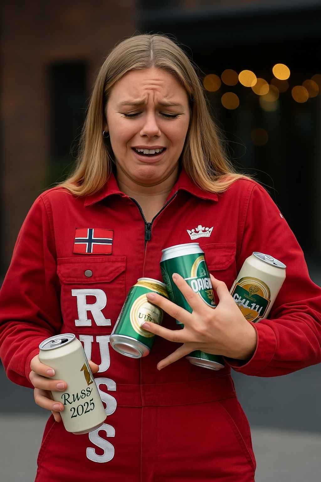 Russ i 2025 som bærer på fire bokser med drikke. Det ser vanskelig ut, og hun viser tydelig at det ikke er så enkelt å håndtere alle boksene