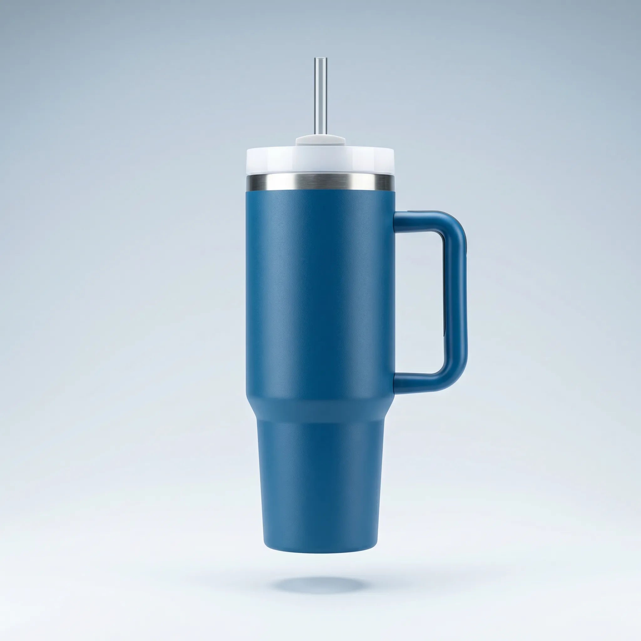 Blå termokopp med håndtak og sugerør i samme stil som de kjente Stanley termokoppene. Kan lasergraveres med ønsket navn eller tekst. Tumbler som rommer 1,2 liter og holder drikken kald hele dagen. Kan også benyttes til varm drikke som kaffe eller kakao, ved å fjerne sugerøret og vri over lokket.