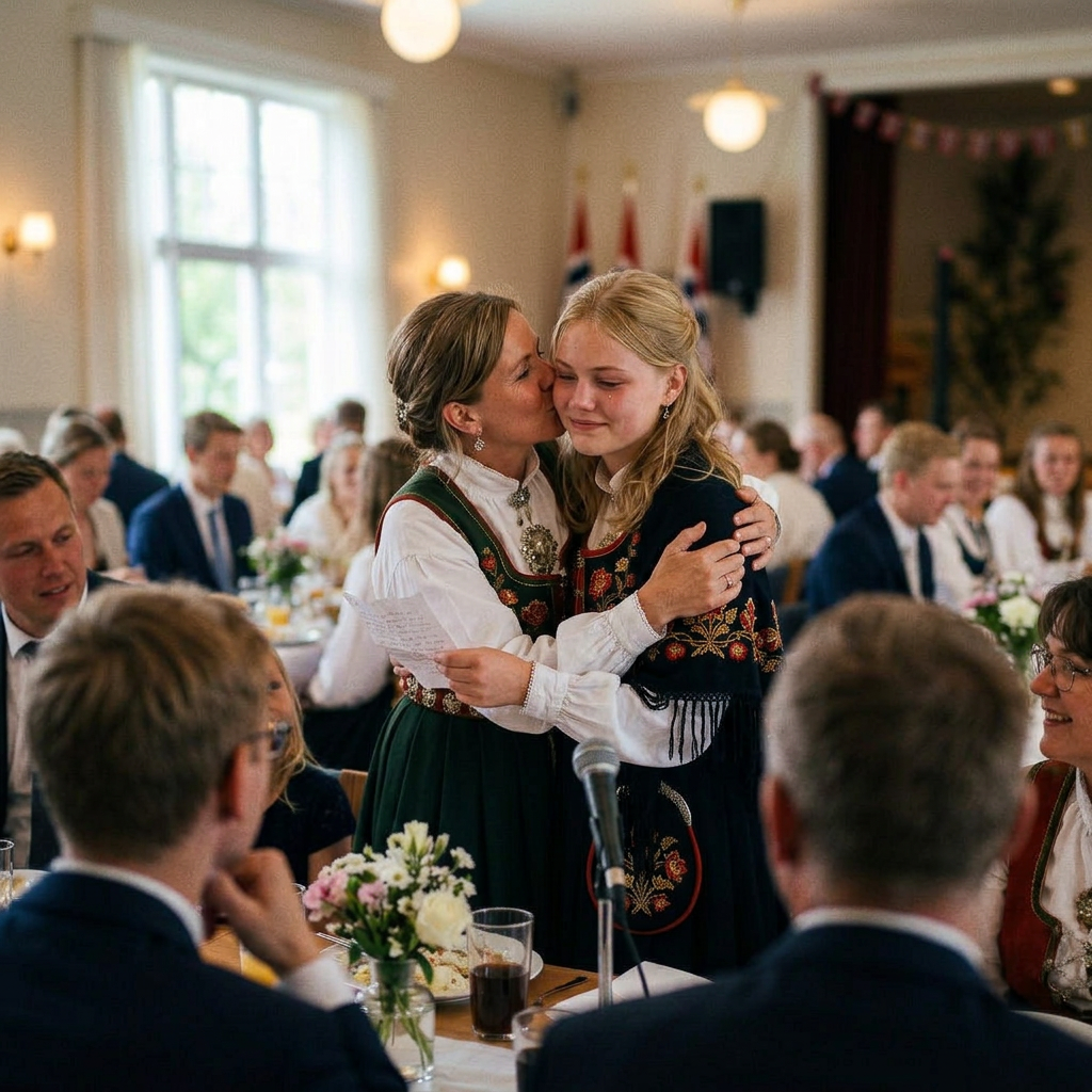 Mor holder tale for konfirmanten ved festbordet mens familien lytter og en gjest tar bilde med mobilen.