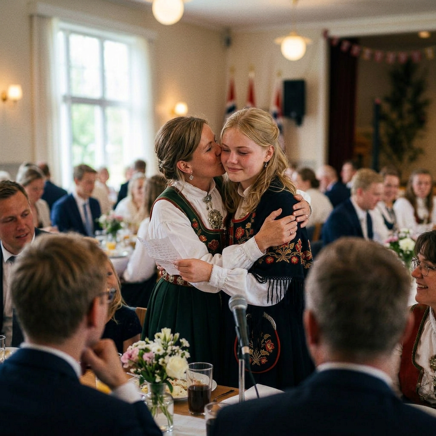 Mor holder tale for konfirmanten ved festbordet mens familien lytter og en gjest tar bilde med mobilen.