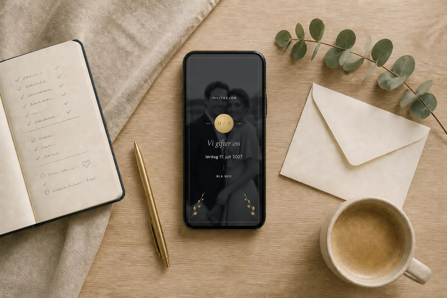 Elegant digital bryllupsinvitasjon med lakksegl og monogram vist på mobil