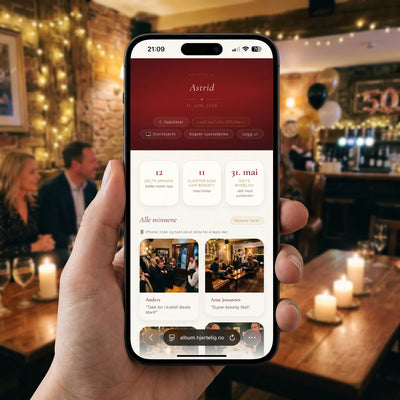 Bursdags bildegalleri album på telefon. Her ser man hvordan albumet til bursdags jubilanten ser ut på mobil telefon. Nydelig bildegalleri med mulighet for storskjerm. Bildene blir oppdatert i albumet etterhvert som gjestene scanner qr- koden og laster opp bilde og hilsen. 