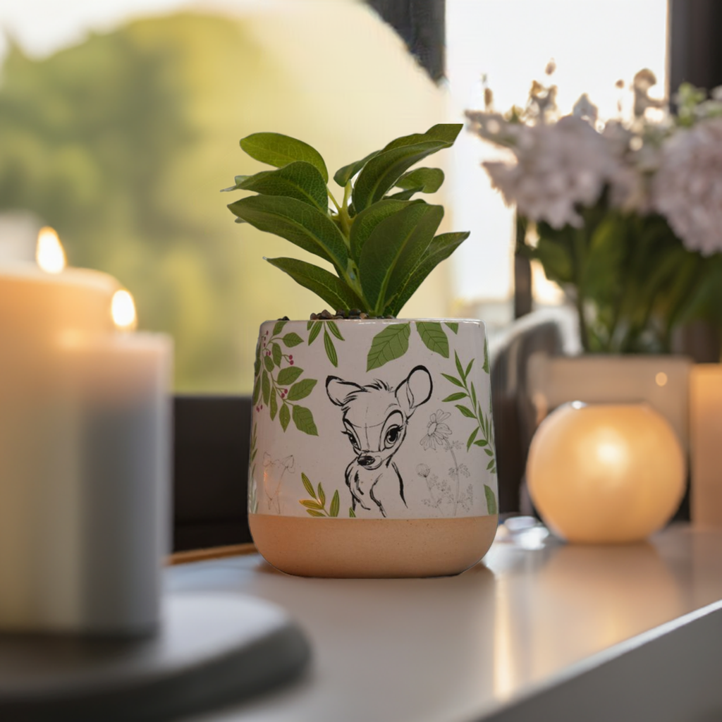 Bambi potte plante i vindugskarmen sammen med blomster og lys