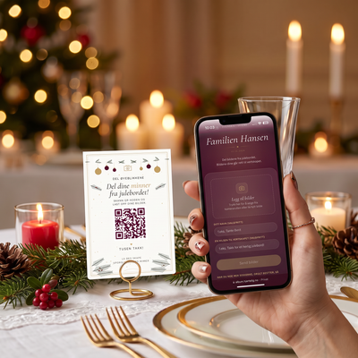 Underholdning på venner / familie julebordet med hjerteminner album. Her ser man siden til gjestene som kommer opp når man skanner qr-kode kortet. Her kan man laste opp bilder med hilsen og navn, sende inn sangønsker og svare på spørsmål til en sang som blir laget når det har kommet inn nok svar. 