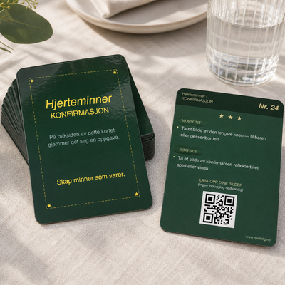 Nydelige oppgavekort til konfirmasjonen. Gi gjestene et kort med bildeoppdrag på. Hvert kort har to oppgaver til gjesten. Gjesten skanner qr-koden på kortet og laster opp bildene sine. Konfirmanten kan se alle bildene sine i albumet sitt, eller man kan ha slideshow i konfirmasjonen så alle gjestene får se bildene som lastes opp live. 