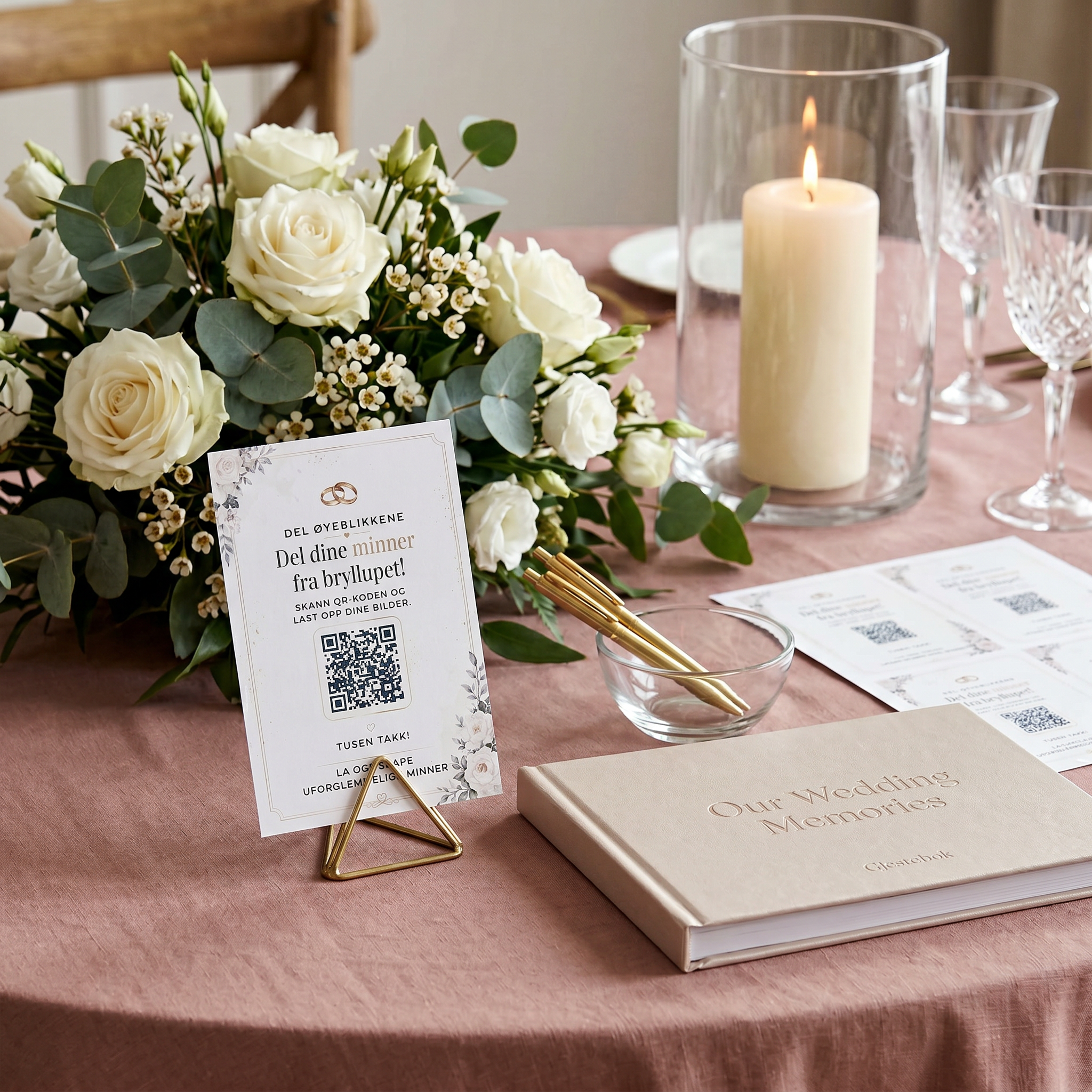 Qr-kode kort i bruk i et bryllup. Her står det nydelige qr-kode kortet på bordet klart for å bli skannet så brudeparet får mange fantastiske minner fra sine gjester i bryllupsalbum-albumet sitt. Del minnene så de ikke blir glemt. Mulighet for storskjerm og slideshow, personlig hilsen til brudeparet
