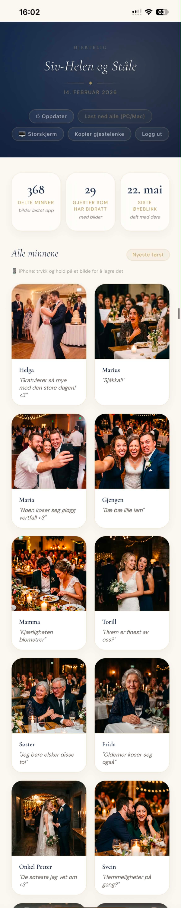 Privat bryllupsalbum med bilder, navn og hilsener fra gjestene, klart for nedlasting