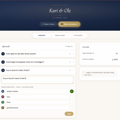 Lag din egen bryllups quiz. Her lager man spørsmål selv, og kjører det på storskjerm. Gjestene blir med fra telefonene sine. De scanner qr-koden og blir med. Underholdning i bryllupet som alle synes er gøy! 4 alternativer man kan velge mellom. Bilde viser admin sin side hvor man skriver spørsmålene og velger svarene før bryllupet. 