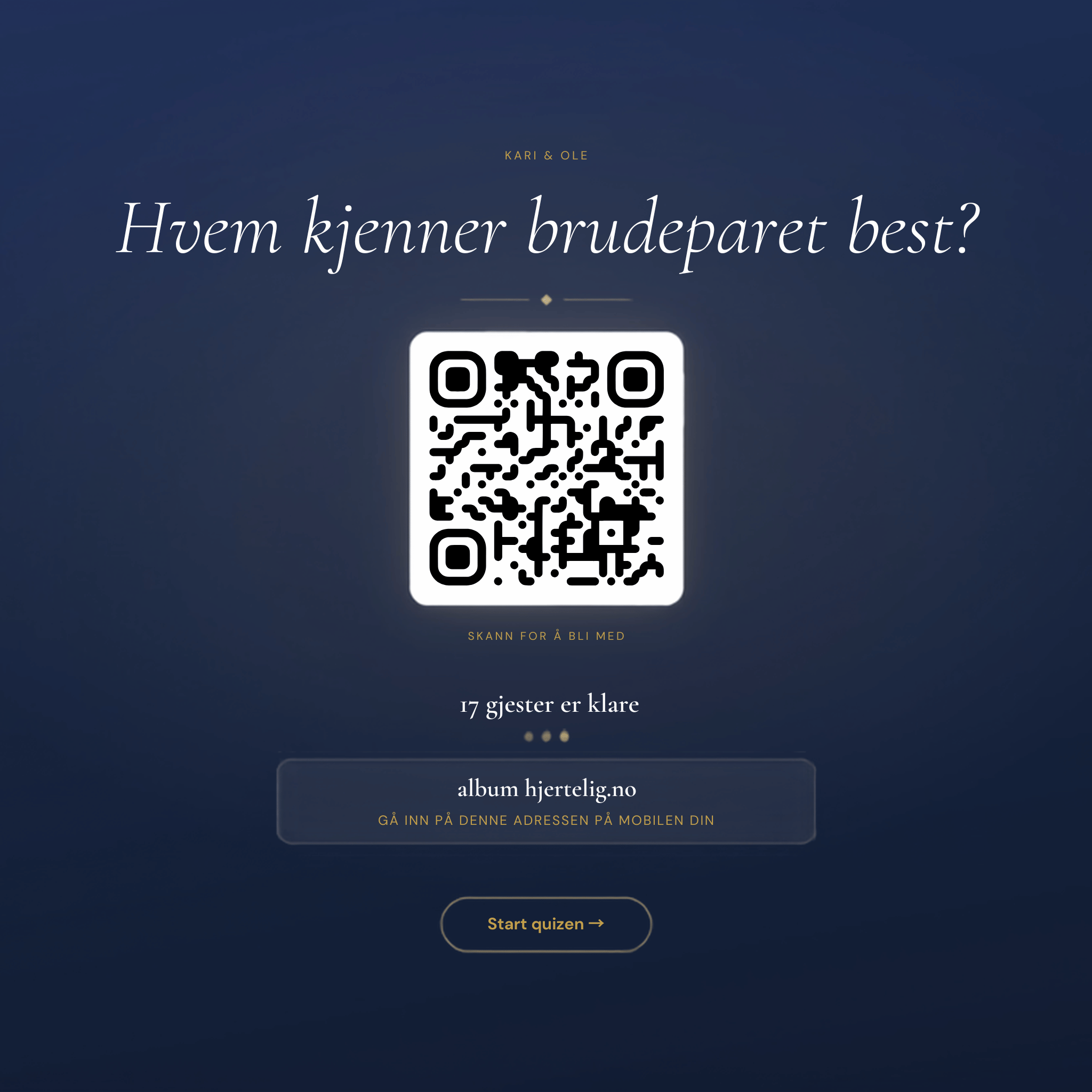 Bryllups quiz med qr-kode som gjestene skanner for å bli med på quizen. Brudeparet lager sine egene personlige spørsmål med 4 alternativer. Underholdning i bryllupet som alle gjestene kan være med på. Hvem kjenner brudeparet best?