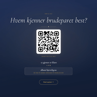 Bryllups quiz med qr-kode som gjestene skanner for å bli med på quizen. Brudeparet lager sine egene personlige spørsmål med 4 alternativer. Underholdning i bryllupet som alle gjestene kan være med på. Hvem kjenner brudeparet best?