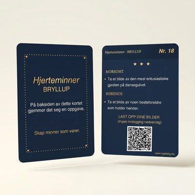 Underholdning til bryllupet for alle brudepar og gjester. Et kort med en QR kode og to bildeoppgaver som tar vare på alle bryllupsminnene. Når gjesten har utført oppgavene, så kan de skanne QR koden og laste opp bildene til et album som brudeparet har tilgang til. 