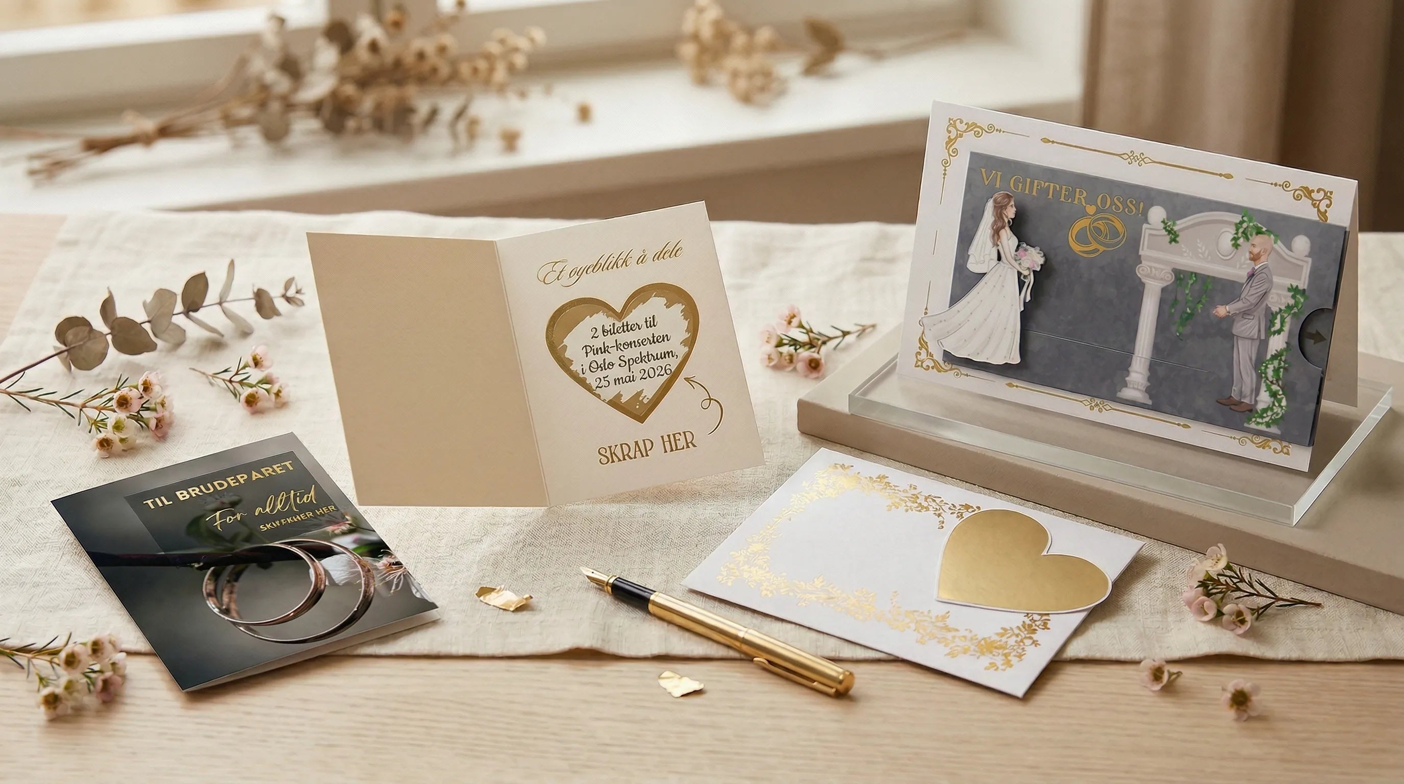 Bryllupskort, bryllupsgave og bryllupsinvitasjon. Håndlagde produkter til bryllupet, uansett om du er den som skal invitere eller den som skal gi gave til brudeparet.
