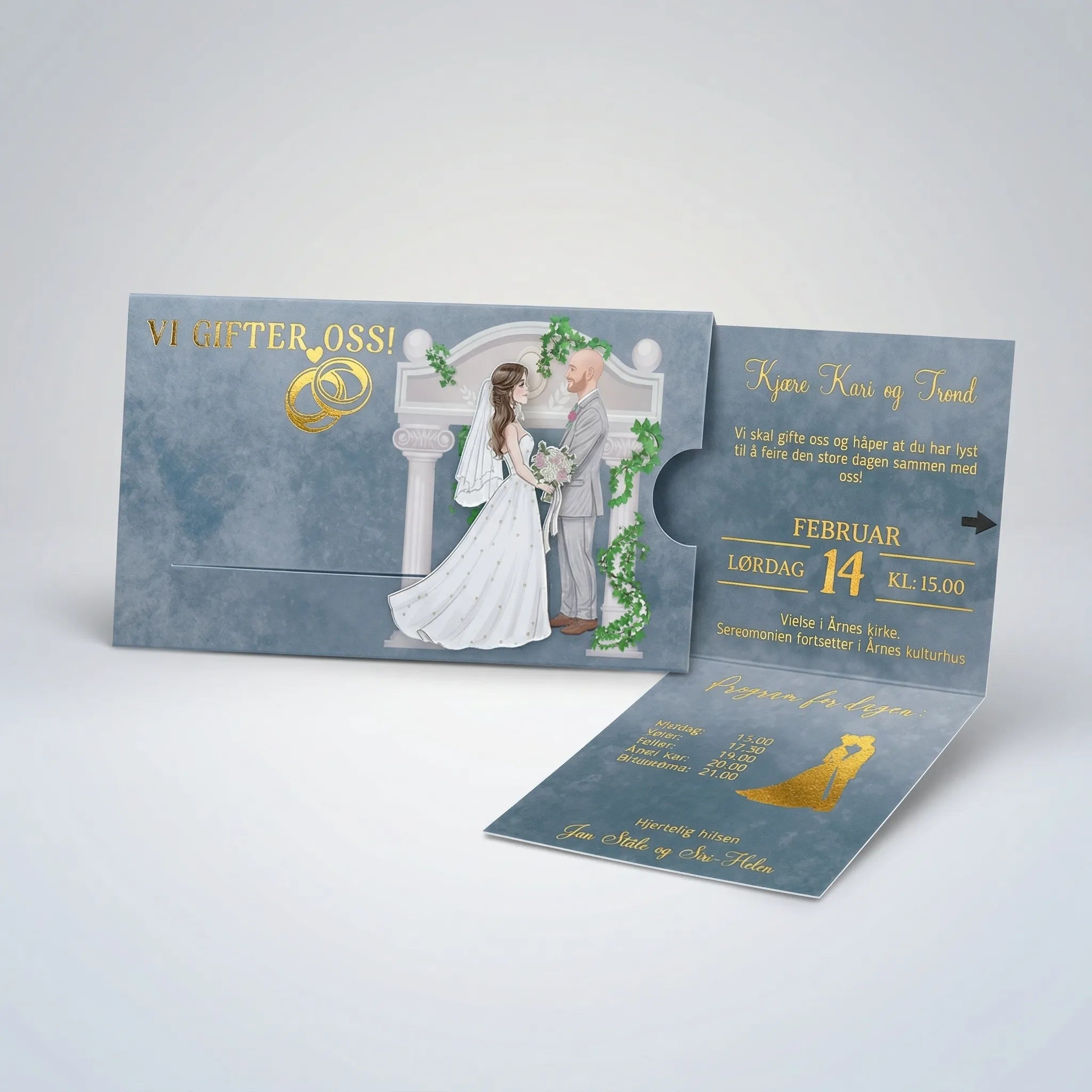 Et bryllupsinvitasjonskort med interaktiv brud som går ti brudgommen, og gullfoliert tekst. Kortet kan tilpasses matt eller glossy laminat, og med gjestens navn og teksten du ønsker. Meget eksklusiv invitasjon som virkelig setter standarden til den store dagen. Når du drar i pilen på kortet, så går bruden bort til brudgommen, og all informasjon om bryllupet vises i delen som skyves ut.