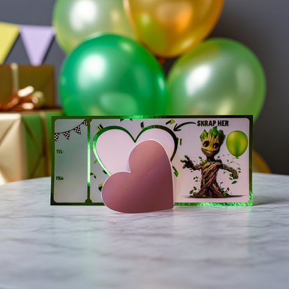 Bursdagskort med skrapelodd felt er den perfekte måten å gi bort en helt spesiell bursdagsgave på. Dette kortet er foliert med grønn folie og har et design av et tre som holder en grønn ballong. Hjerteklistremerke følger med, så man skal klistre over teksten. Dette gjør at den som har bursdag må skrape bort hjertet for å lese hva som står. I bakgrunnen er det ballonger og gaver. 