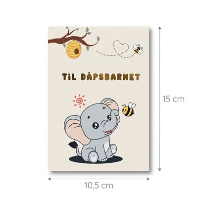 Dåpskort med gulldetaljer. Her vises størrelsen på kortet. Dette er et dobbeltkort som er brettet. Når kortet er brettet så måler det 10,5cm i bredden og 15 cm i høyden. 