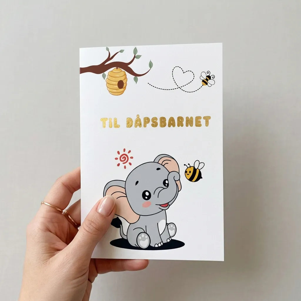 Forsiden av dåpskortet til dåpsbarnet med en babyelefant og to bier. Et tre som stikker ut med en bikubbe og gullfoliert tekst hvor det står til dåpsbarnet. Kortet er printet på høykvalitets matt fotopapir, noe som gjør det veldig enkelt å skrive det man måtte ønske inni kortet. 